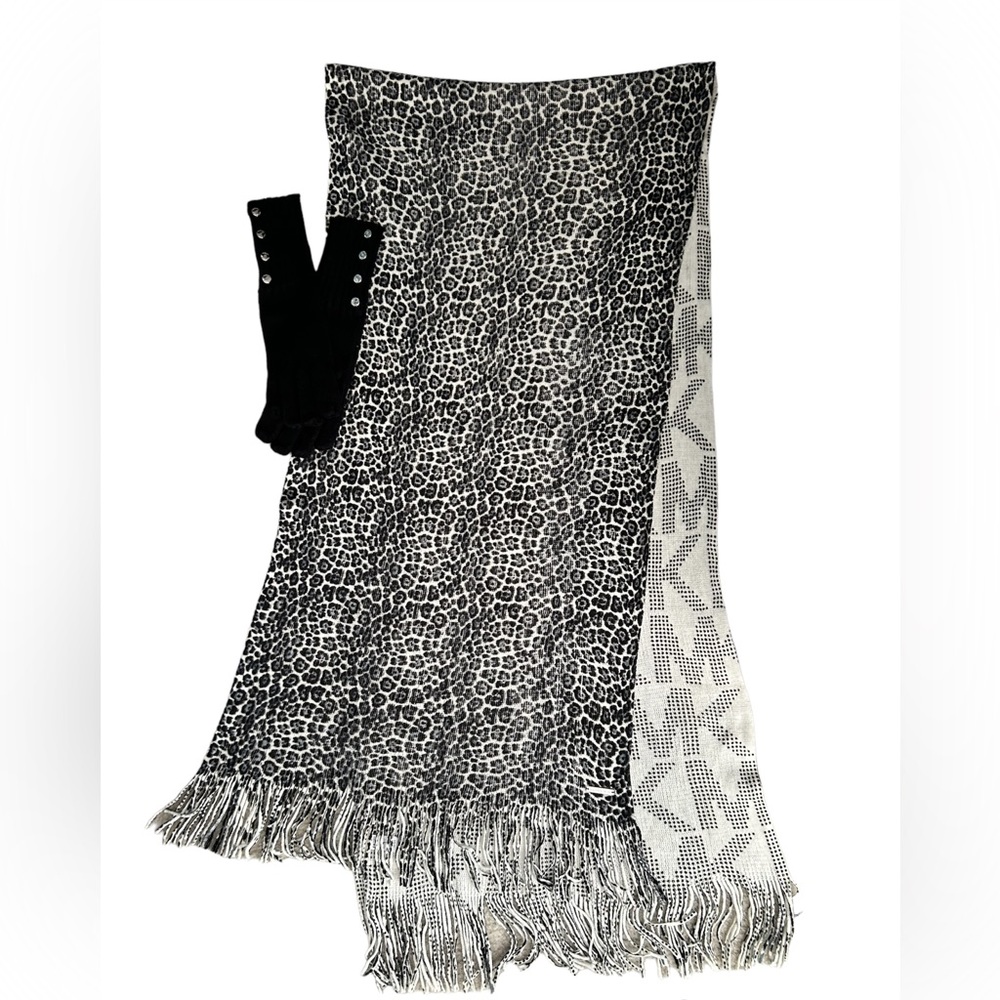 Michael Kors reversible animal print/logo wrap scarf/black knit high cuff gloves